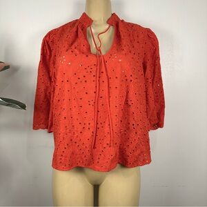H&M Red Eyelet Top Sz M 3/4 Sleeves Popover Cotton Broderie
